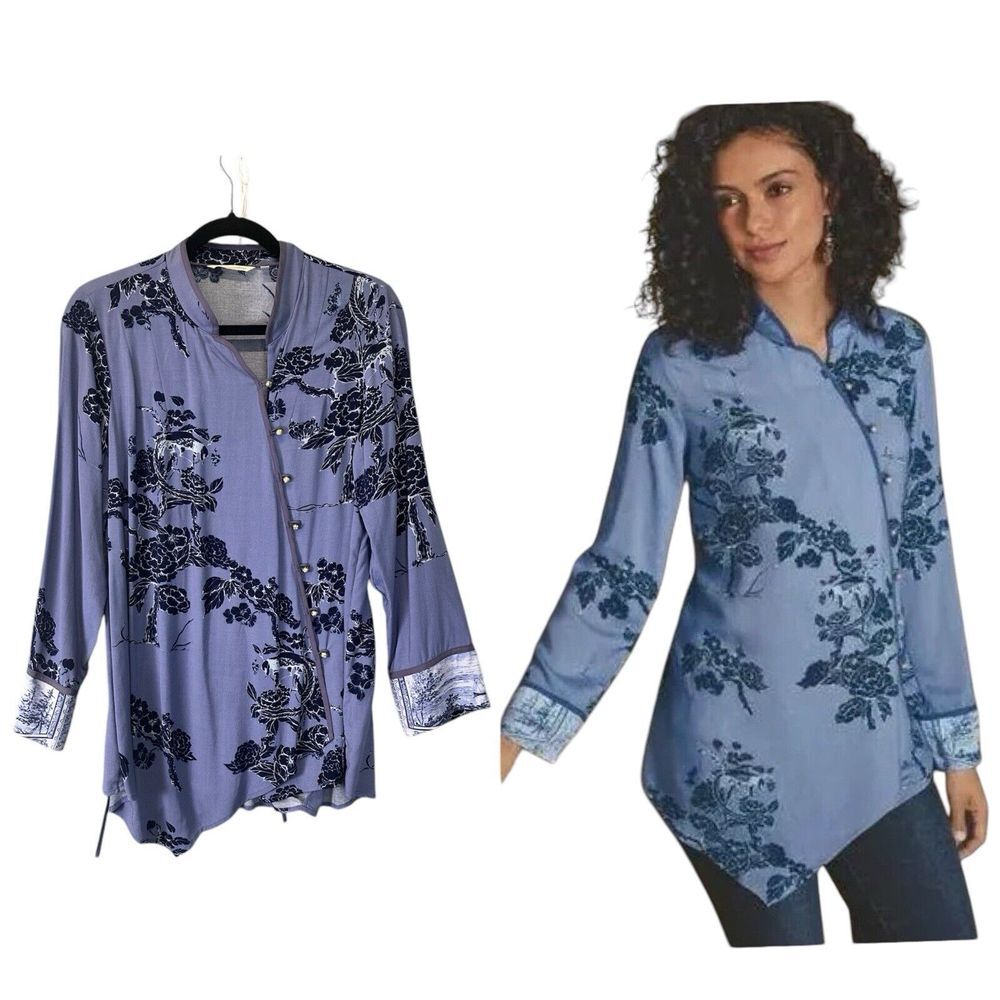 SOFT SURROUNDINGS Tranquil Blooms Asymmetric Tunic Shirt Top M Cheongsam Goldโ